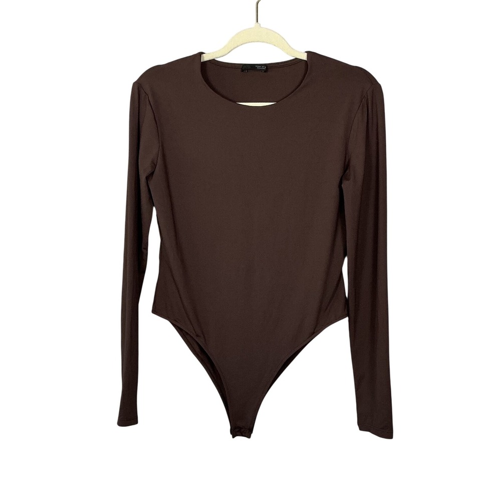 Zara Women Chocolate Brown Long Sleeve Crew Neck Snap Closure Bodysuit Large
